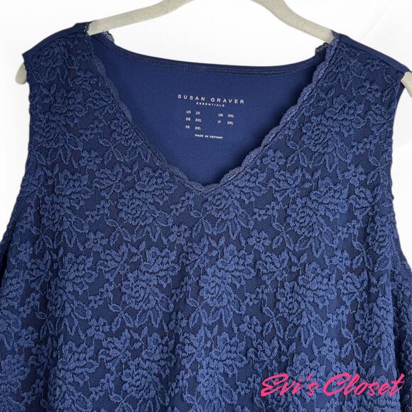 Susan Graver Women's Essentials Sleeveless Lace Lined Tank Tunic Blue Sz 2X - Picture 3 of 6